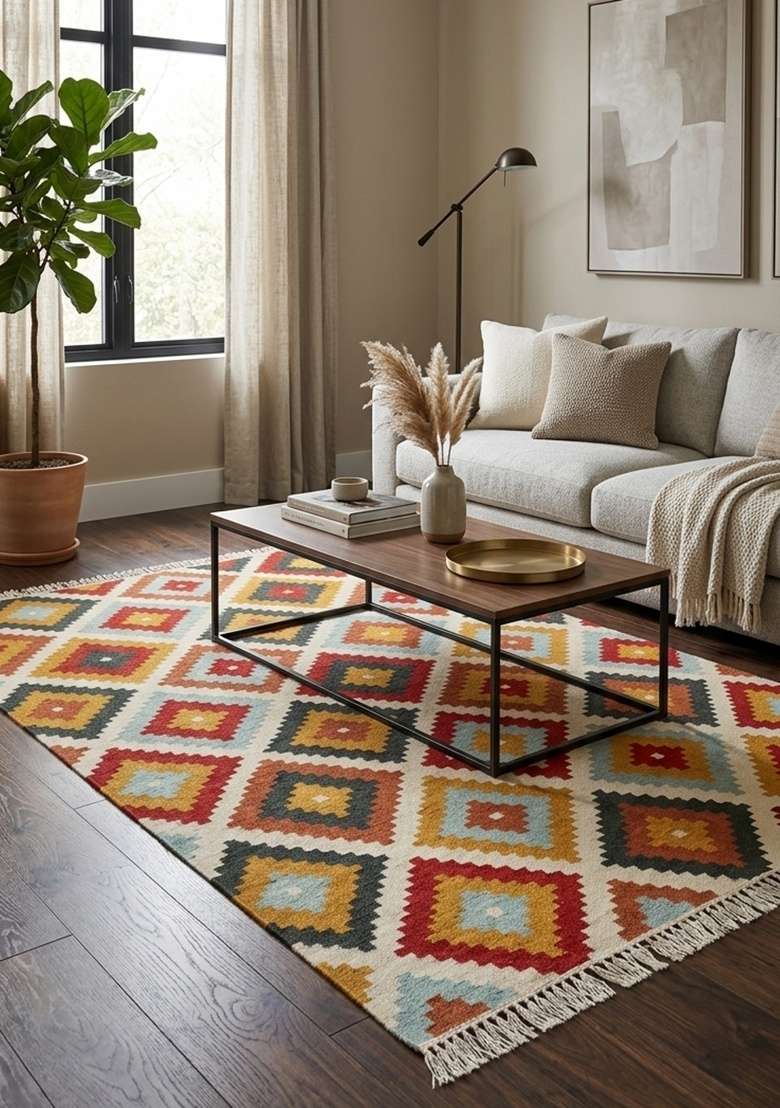 Saffron Rugs Handmade Wool Dhurrie Flat Weave Rectangular Rug – Multicolor Bohemian Geometric Kilim Style Carpet for Living Room - Indya