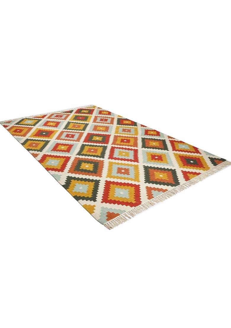 Saffron Rugs Handmade Wool Dhurrie Flat Weave Rectangular Rug – Multicolor Bohemian Geometric Kilim Style Carpet for Living Room - Indya