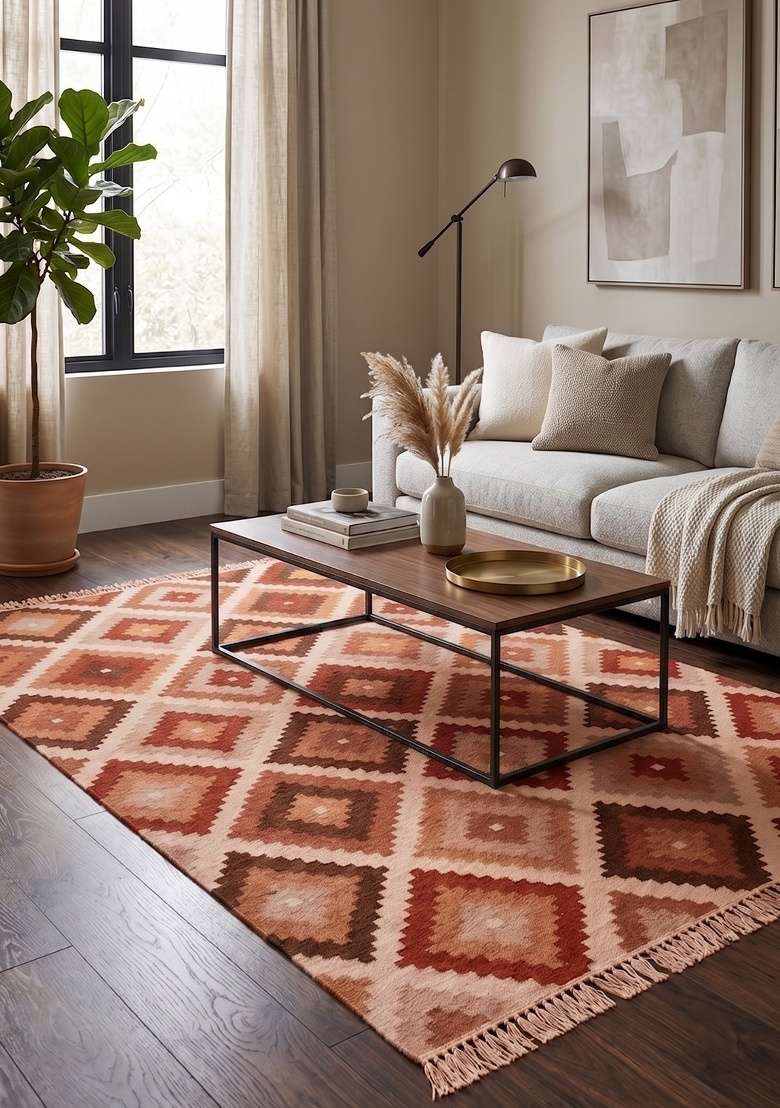 Saffron Rugs Handmade Wool Dhurrie Flat Weave Rectangular Rug – Terracotta Pink Bohemian Geometric Kilim Style Carpet for Living Room - Indya