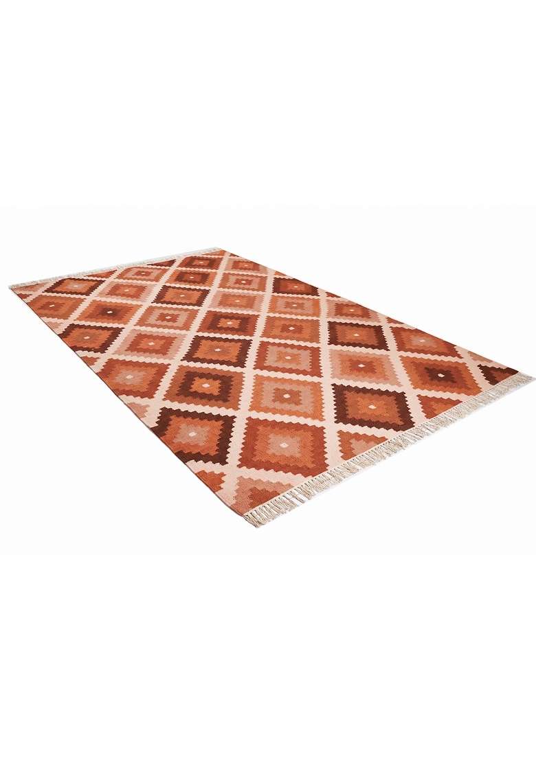 Saffron Rugs Handmade Wool Dhurrie Flat Weave Rectangular Rug – Terracotta Pink Bohemian Geometric Kilim Style Carpet for Living Room - Indya