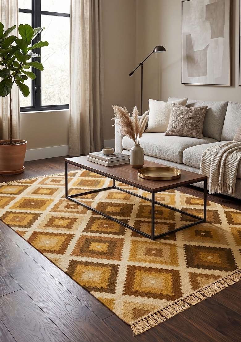 Saffron Rugs Handmade Wool Dhurrie Flat Weave Rectangular Rug – Golden Yellow Brown Bohemian Geometric Kilim Style Carpet for Living Room - Indya