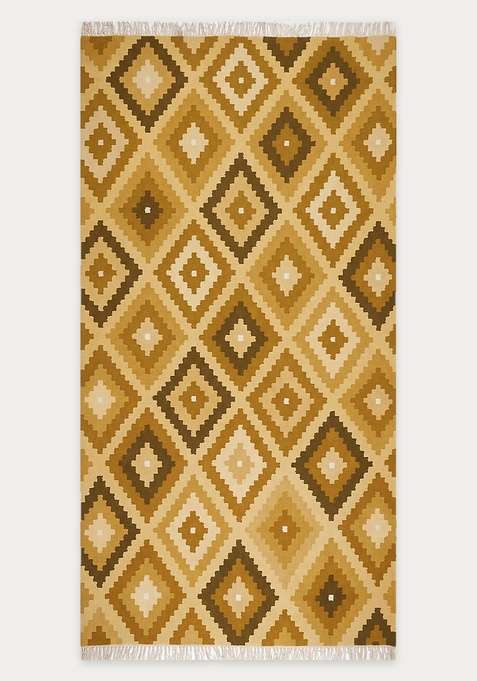 100% Wool Handmade Golden Yellow Brown Rug | Bohemian Geometric Flat Weave Reversible Carpet For Living Room