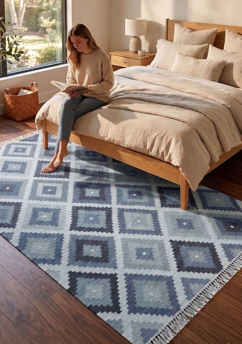 Saffron Rugs Handmade Wool Dhurrie Flat Weave Rectangular Rug – Steel Blue Bohemian Geometric Kilim Style Carpet for Living Room - Indya