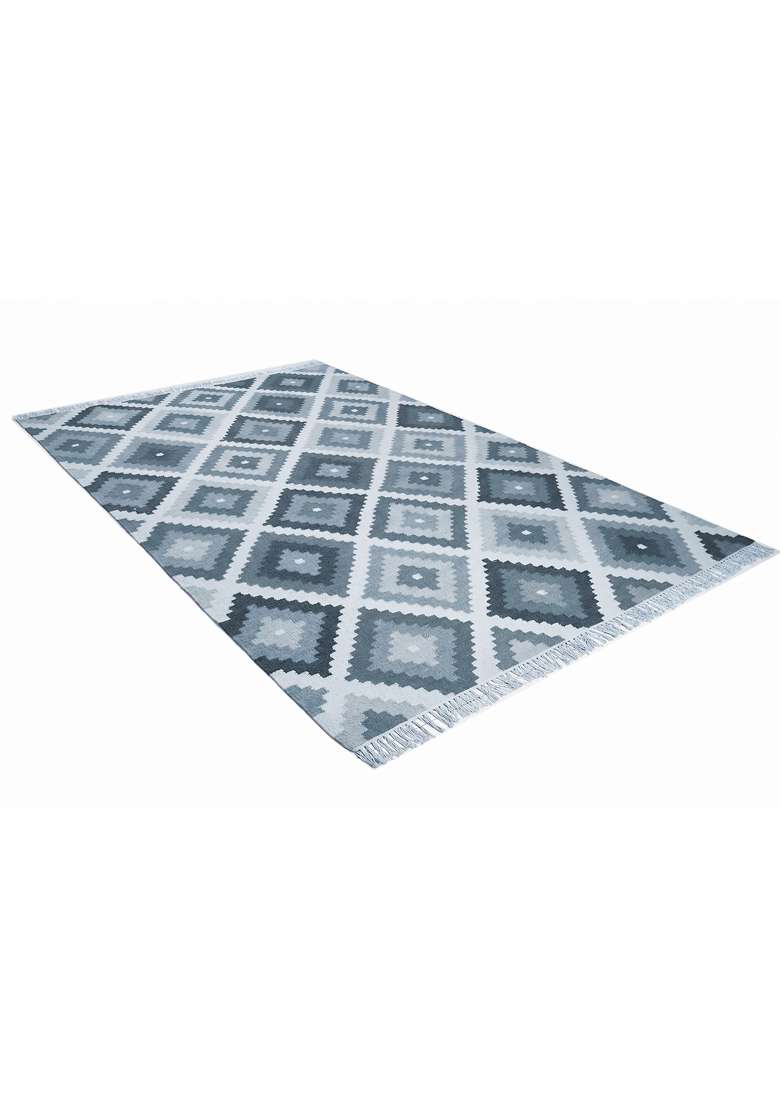 Saffron Rugs Handmade Wool Dhurrie Flat Weave Rectangular Rug – Steel Blue Bohemian Geometric Kilim Style Carpet for Living Room - Indya
