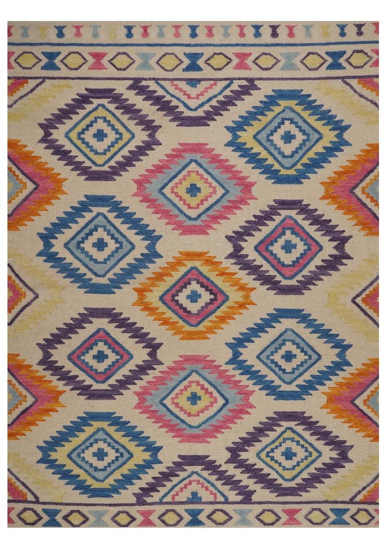 Saffron Rugs Flat Woven Multicolor Geometric Bohemian Rectangular Wool Area Rug - Indya