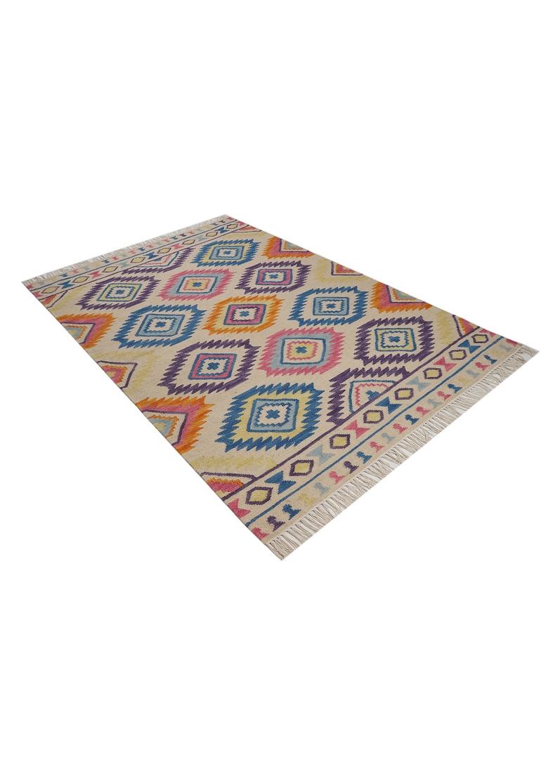 Saffron Rugs Flat Woven Multicolor Geometric Bohemian Rectangular Wool Area Rug - Indya