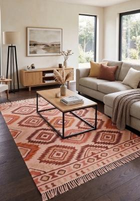 Saffron Rugs Flat Woven Terracotta Pink Geometric Bohemian Rectangular Wool Area Rug