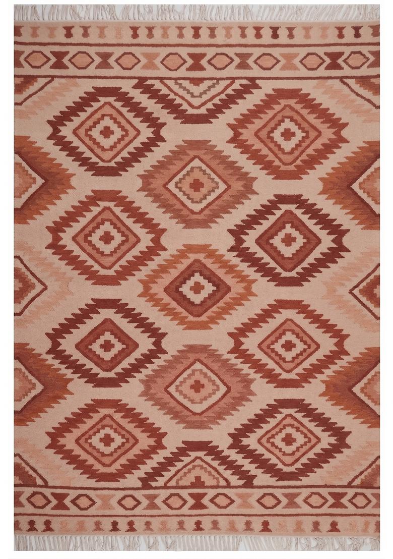 Saffron Rugs Flat Woven Terracotta Pink Geometric Bohemian Rectangular Wool Area Rug - Indya