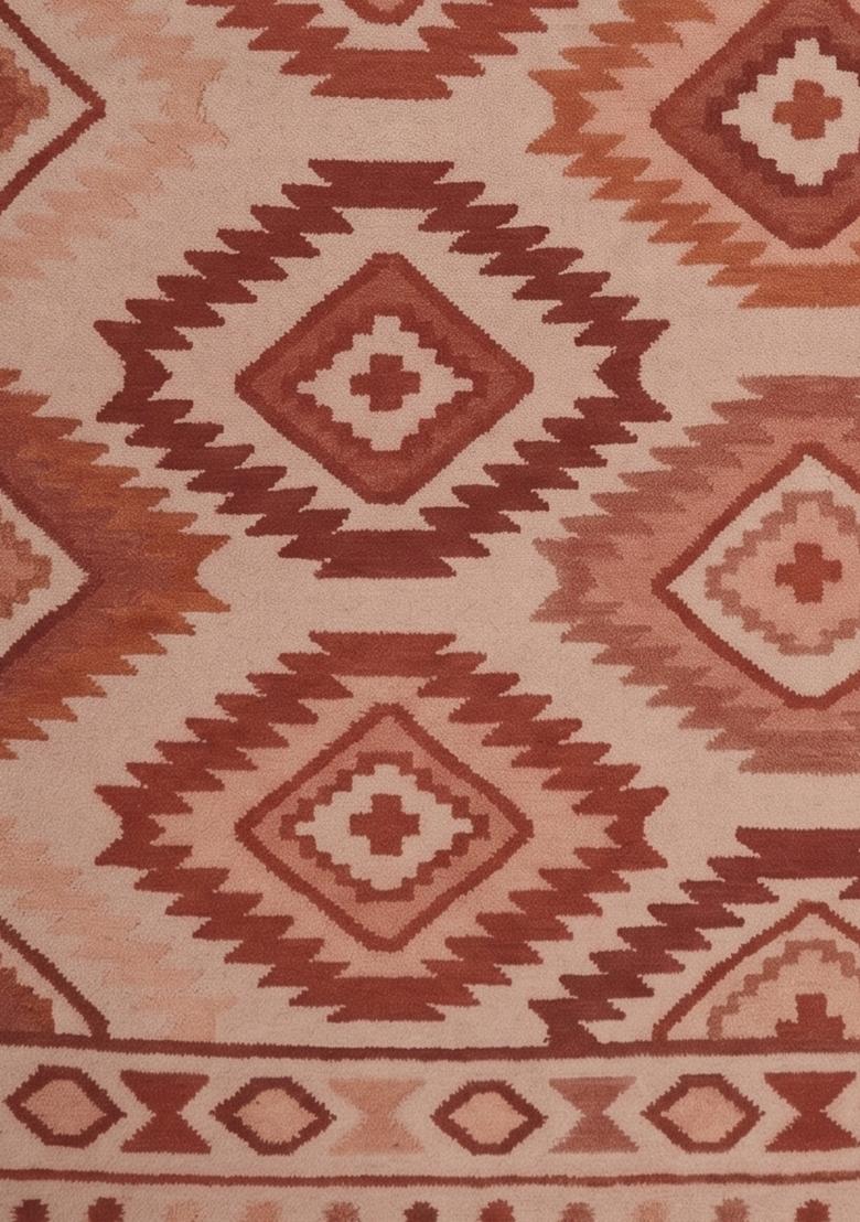 Saffron Rugs Flat Woven Terracotta Pink Geometric Bohemian Rectangular Wool Area Rug - Indya