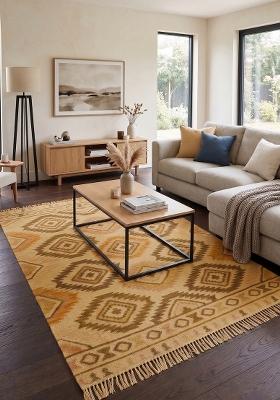 Saffron Rugs Flat Woven Golden Yellow Geometric Bohemian Rectangular Wool Area Rug