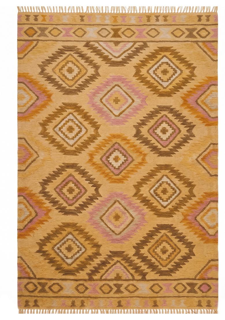 Saffron Rugs Flat Woven Golden Yellow Geometric Bohemian Rectangular Wool Area Rug - Indya