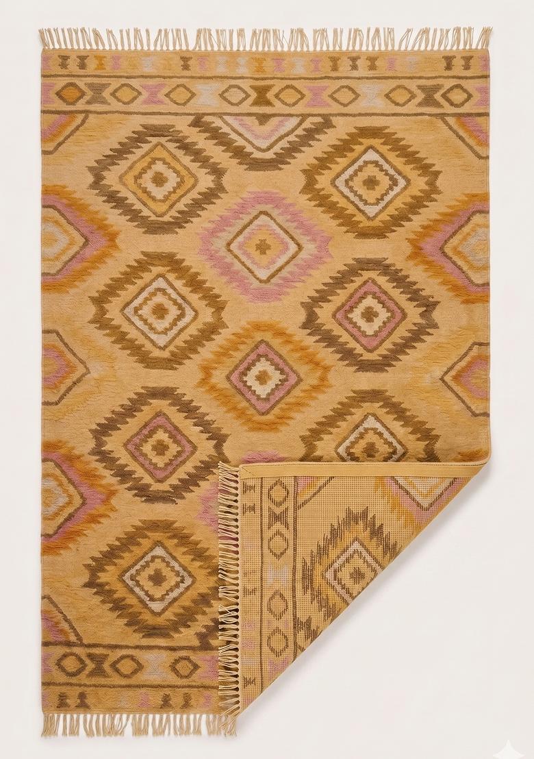 Saffron Rugs Flat Woven Golden Yellow Geometric Bohemian Rectangular Wool Area Rug - Indya