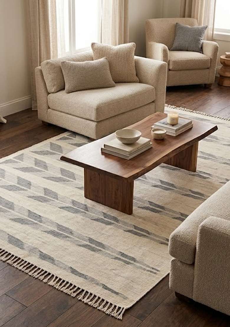 Saffron Rugs Handmade Wool Dhurrie Flat Weave Rectangular Rug – Ivory Grey Scandinavian Chevron Kilim Style Carpet for Living Room - Indya