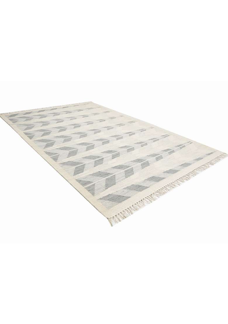 Saffron Rugs Handmade Wool Dhurrie Flat Weave Rectangular Rug – Ivory Grey Scandinavian Chevron Kilim Style Carpet for Living Room - Indya
