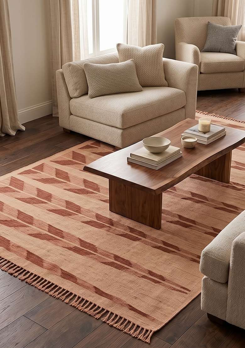 Saffron Rugs Handmade Wool Dhurrie Flat Weave Rectangular Rug – Terracotta Peach Scandinavian Chevron Kilim Style Carpet for Living Room - Indya