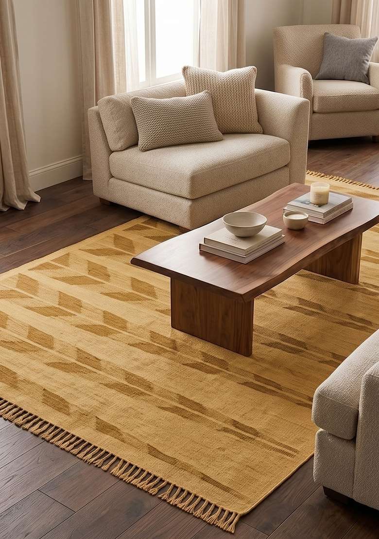 Saffron Rugs Handmade Wool Dhurrie Flat Weave Rectangular Rug – Golden Yellow Scandinavian Chevron Kilim Style Carpet for Living Room - Indya