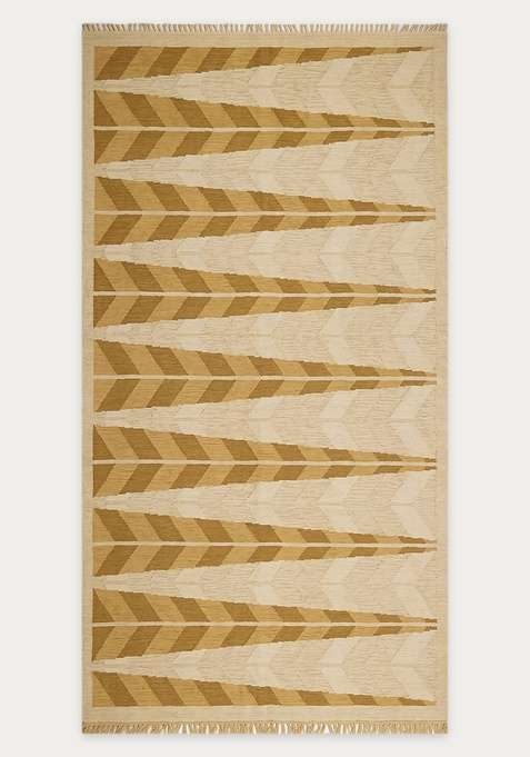 100% Wool Handmade Golden Yellow Rug | Scandinavian Chevron Flat Weave Reversible Carpet For Living Room