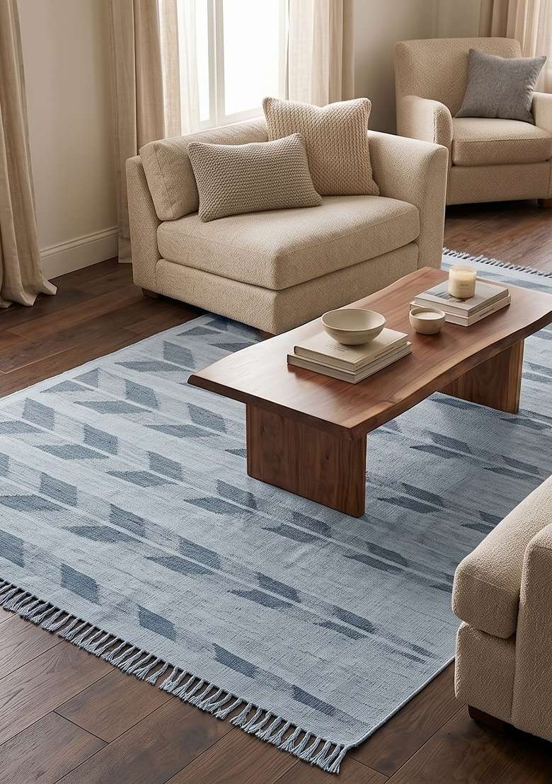Saffron Rugs Handmade Wool Dhurrie Flat Weave Rectangular Rug – Light Blue Grey Scandinavian Chevron Kilim Style Carpet for Living Room - Indya