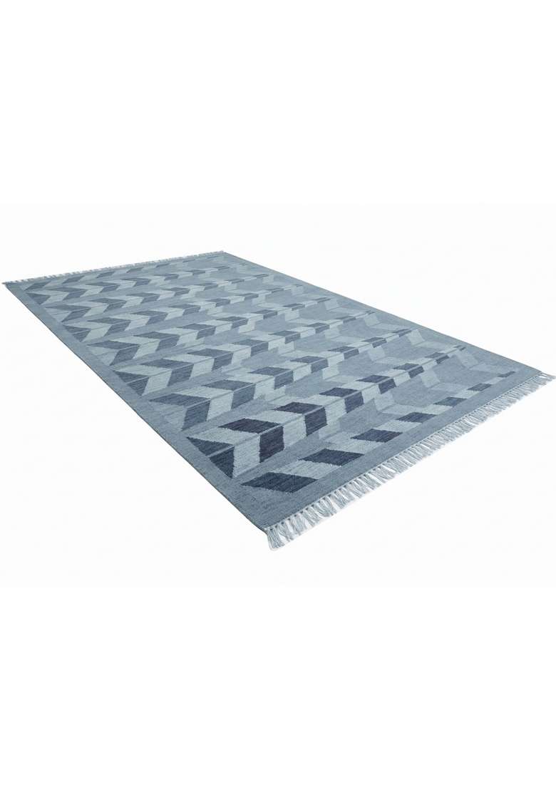 Saffron Rugs Handmade Wool Dhurrie Flat Weave Rectangular Rug – Light Blue Grey Scandinavian Chevron Kilim Style Carpet for Living Room - Indya