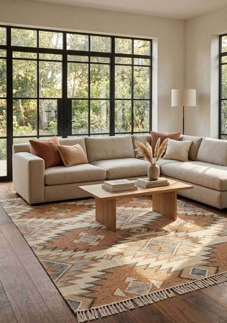Saffron Rugs Handmade Wool Dhurrie Flat Weave Rectangular Rug – Caramel Brown Bohemian Geometric Kilim Style Carpet for Living Room - Indya