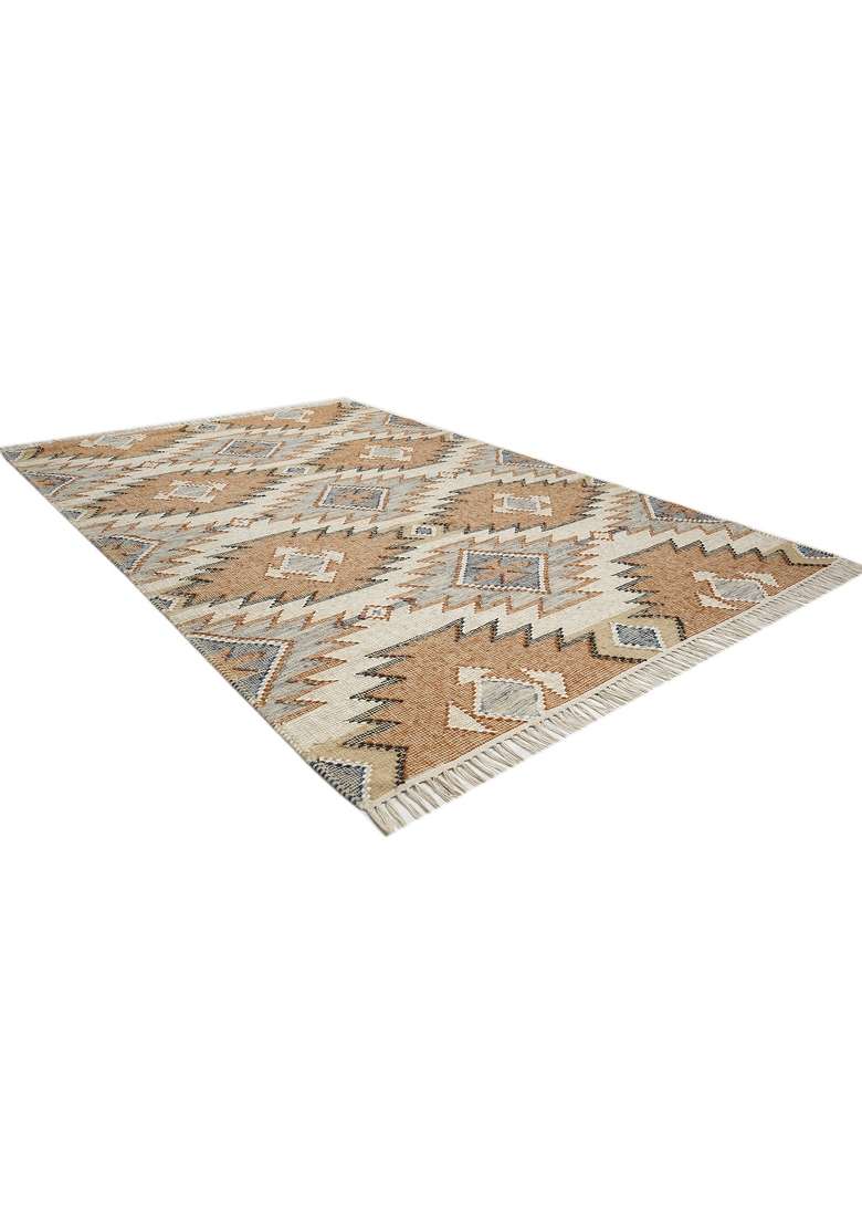 Saffron Rugs Handmade Wool Dhurrie Flat Weave Rectangular Rug – Caramel Brown Bohemian Geometric Kilim Style Carpet for Living Room - Indya