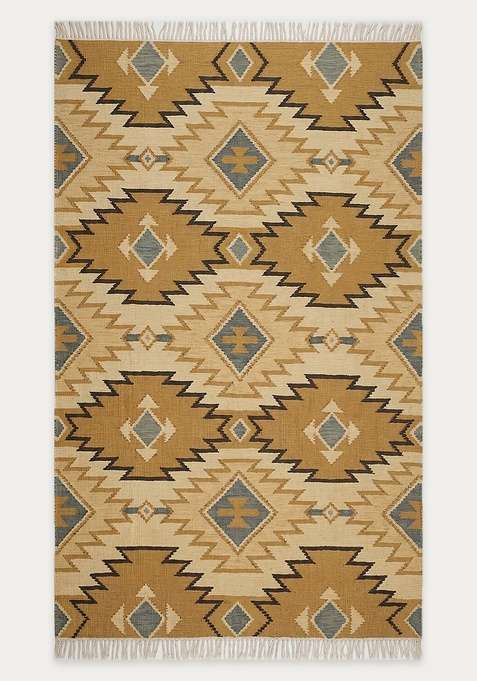 100% Wool Handmade Golden Tan Rug | Bohemian Geometric Flat Weave Reversible Carpet For Living Room