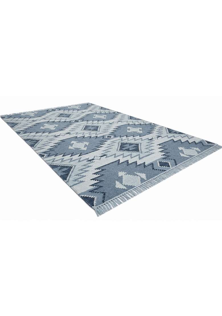 Saffron Rugs Handmade Wool Dhurrie Flat Weave Rectangular Rug – Steel Blue Grey Bohemian Geometric Kilim Style Carpet for Living Room - Indya