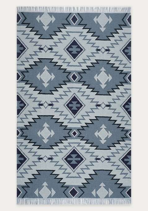 100% Wool Handmade Steel Blue Grey Rug | Bohemian Geometric Flat Weave Reversible Carpet For Living Room