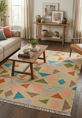 Saffron Rugs Flat Woven Multicolor Beige Geometric Bohemian Rectangular Wool Area Rug