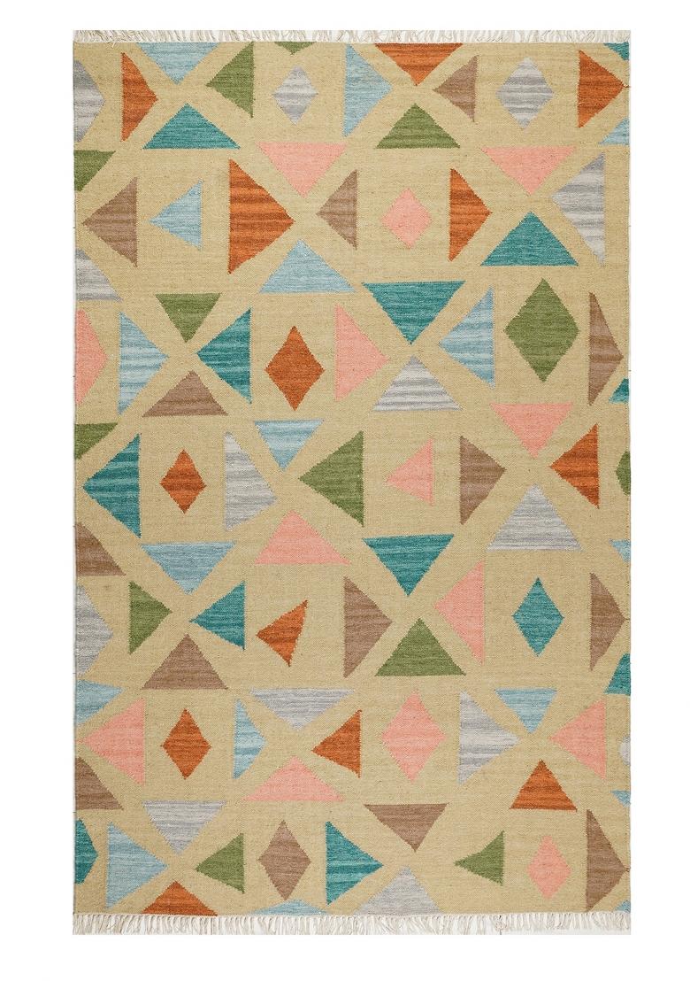Saffron Rugs Flat Woven Multicolor Beige Geometric Bohemian Rectangular Wool Area Rug - Indya