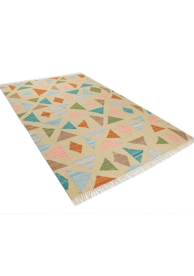 Saffron Rugs Flat Woven Multicolor Beige Geometric Bohemian Rectangular Wool Area Rug - Indya