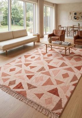 Saffron Rugs Flat Woven Terracotta Pink Geometric Bohemian Rectangular Wool Area Rug