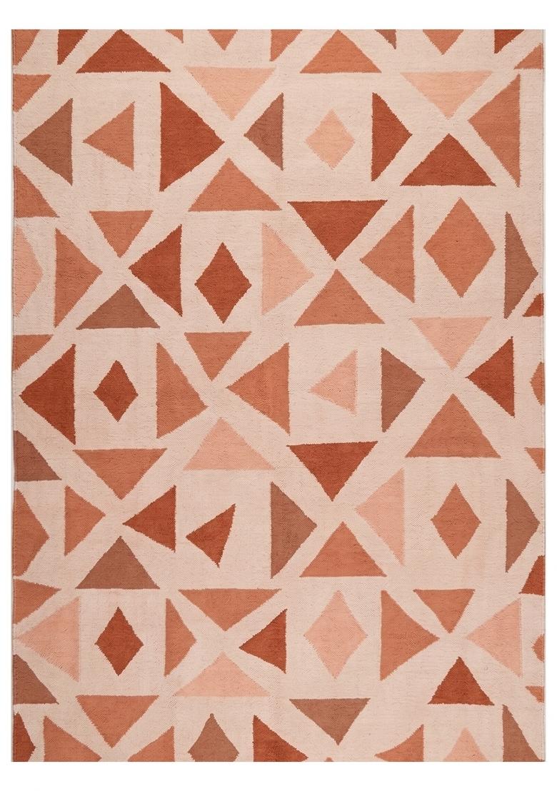 Saffron Rugs Flat Woven Terracotta Pink Geometric Bohemian Rectangular Wool Area Rug - Indya