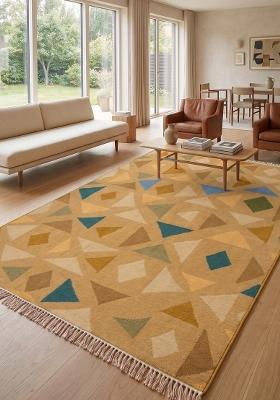 Saffron Rugs Flat Woven Golden Yellow Geometric Bohemian Rectangular Wool Area Rug