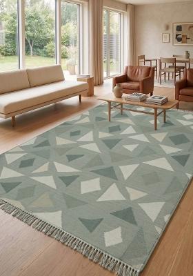 Saffron Rugs Flat Woven Sage Green Geometric Bohemian Rectangular Wool Area Rug
