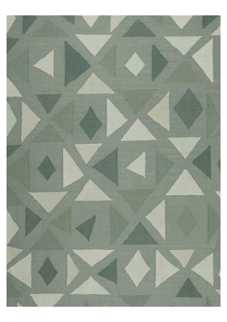 Saffron Rugs Flat Woven Sage Green Geometric Bohemian Rectangular Wool Area Rug - Indya