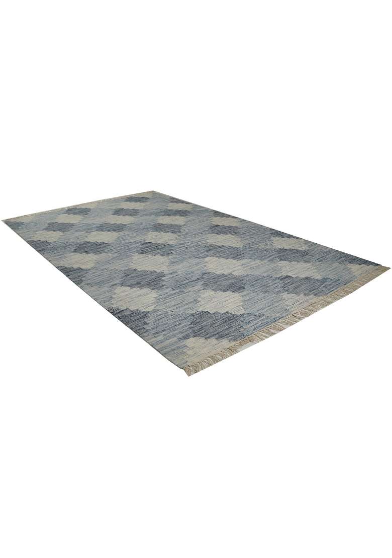 Saffron Rugs Handmade Wool Dhurrie Flat Weave Rectangular Rug – Blue Grey Cream Moroccan Trellis Kilim Style Carpet for Bedroom - Indya