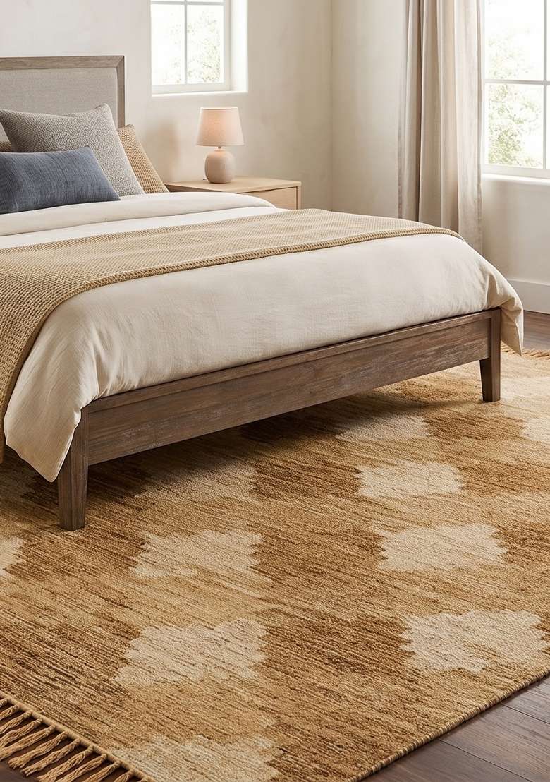 Saffron Rugs Handmade Wool Dhurrie Flat Weave Rectangular Rug – Golden Tan Moroccan Trellis Kilim Style Carpet for Bedroom - Indya