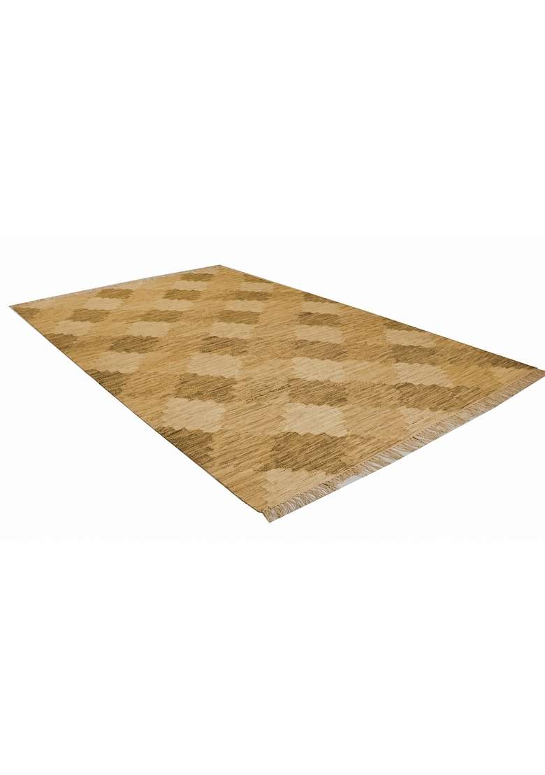 Saffron Rugs Handmade Wool Dhurrie Flat Weave Rectangular Rug – Golden Tan Moroccan Trellis Kilim Style Carpet for Bedroom - Indya