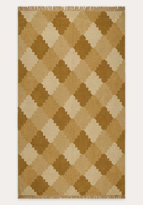100% Wool Handmade Golden Tan Rug | Moroccan Trellis Flat Weave Reversible Carpet For Living Room