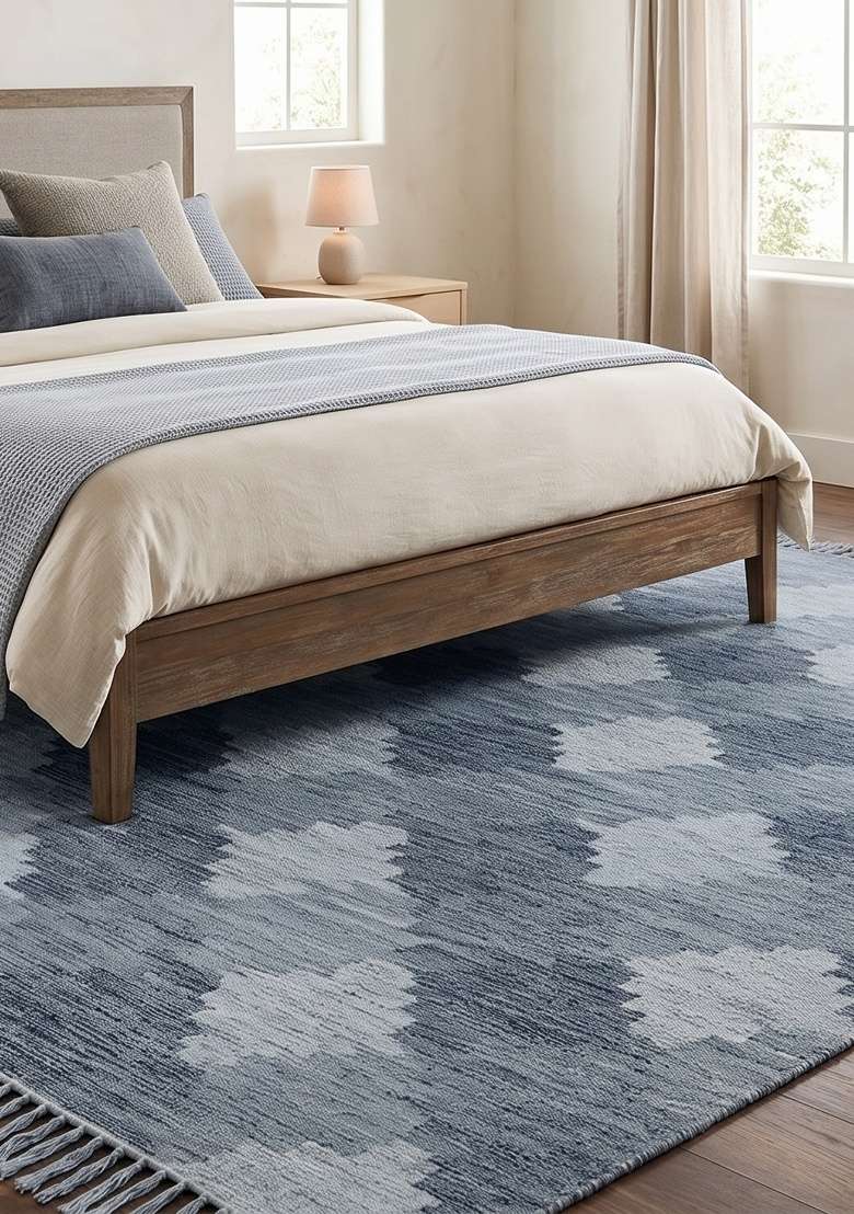Saffron Rugs Handmade Wool Dhurrie Flat Weave Rectangular Rug – Steel Blue Moroccan Trellis Kilim Style Carpet for Bedroom - Indya