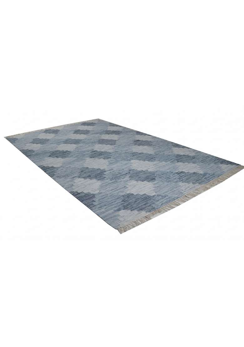 Saffron Rugs Handmade Wool Dhurrie Flat Weave Rectangular Rug – Steel Blue Moroccan Trellis Kilim Style Carpet for Bedroom - Indya