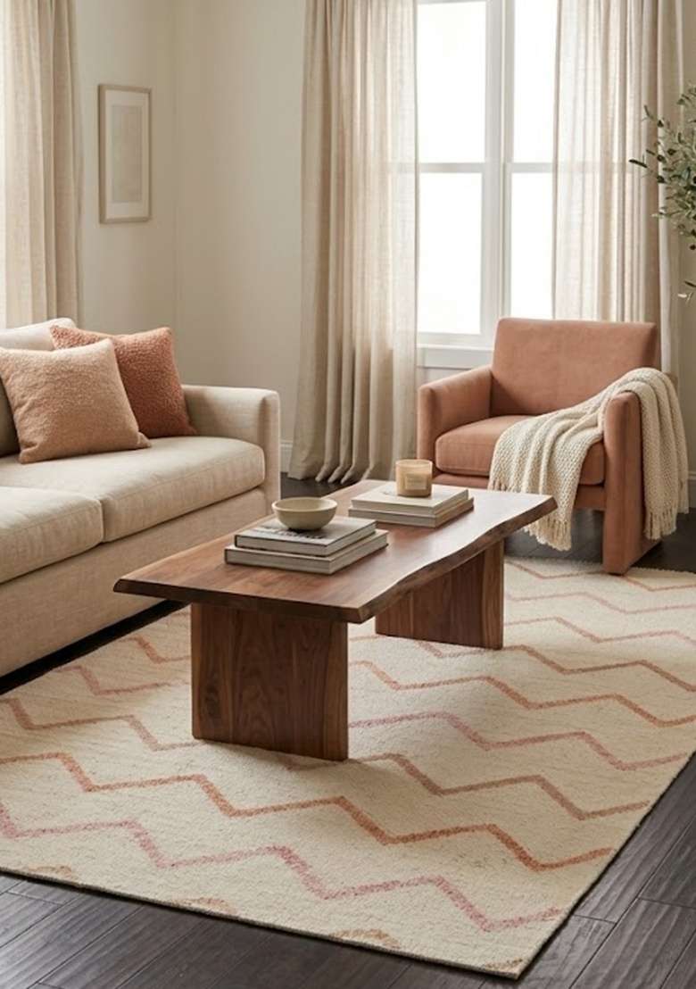 Saffron Rugs Handmade Wool Dhurrie Flat Weave Rectangular Rug – Beige with Pink Chevron Boho Chevron Kilim Style Carpet for Living Room - Indya