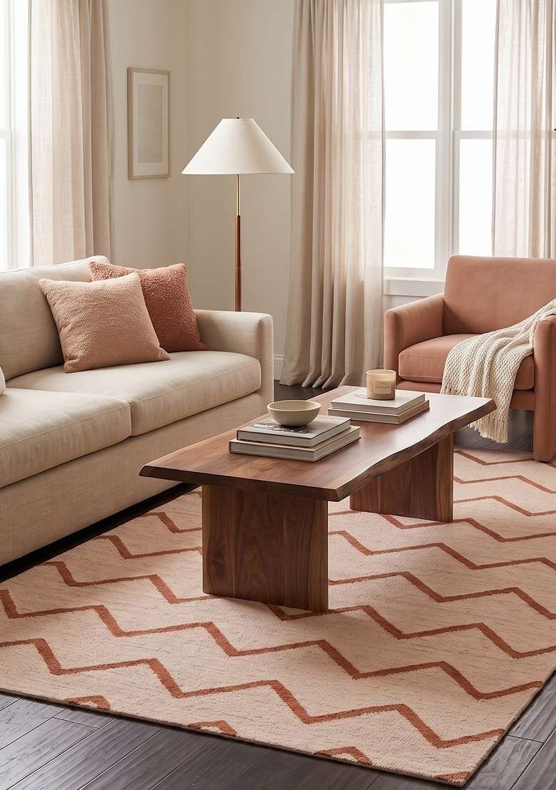 Saffron Rugs Handmade Wool Dhurrie Flat Weave Rectangular Rug – Blush Pink Boho Chevron Kilim Style Carpet for Living Room - Indya