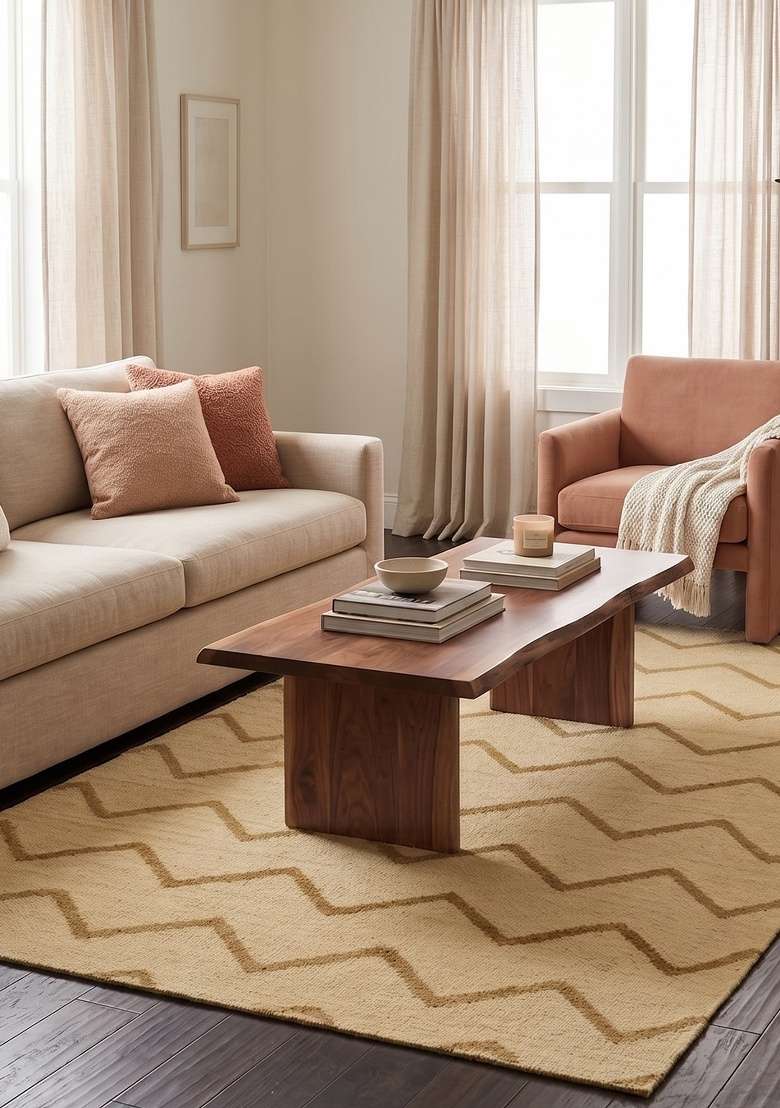 Saffron Rugs Handmade Wool Dhurrie Flat Weave Rectangular Rug – Cream Gold Boho Chevron Kilim Style Carpet for Living Room - Indya