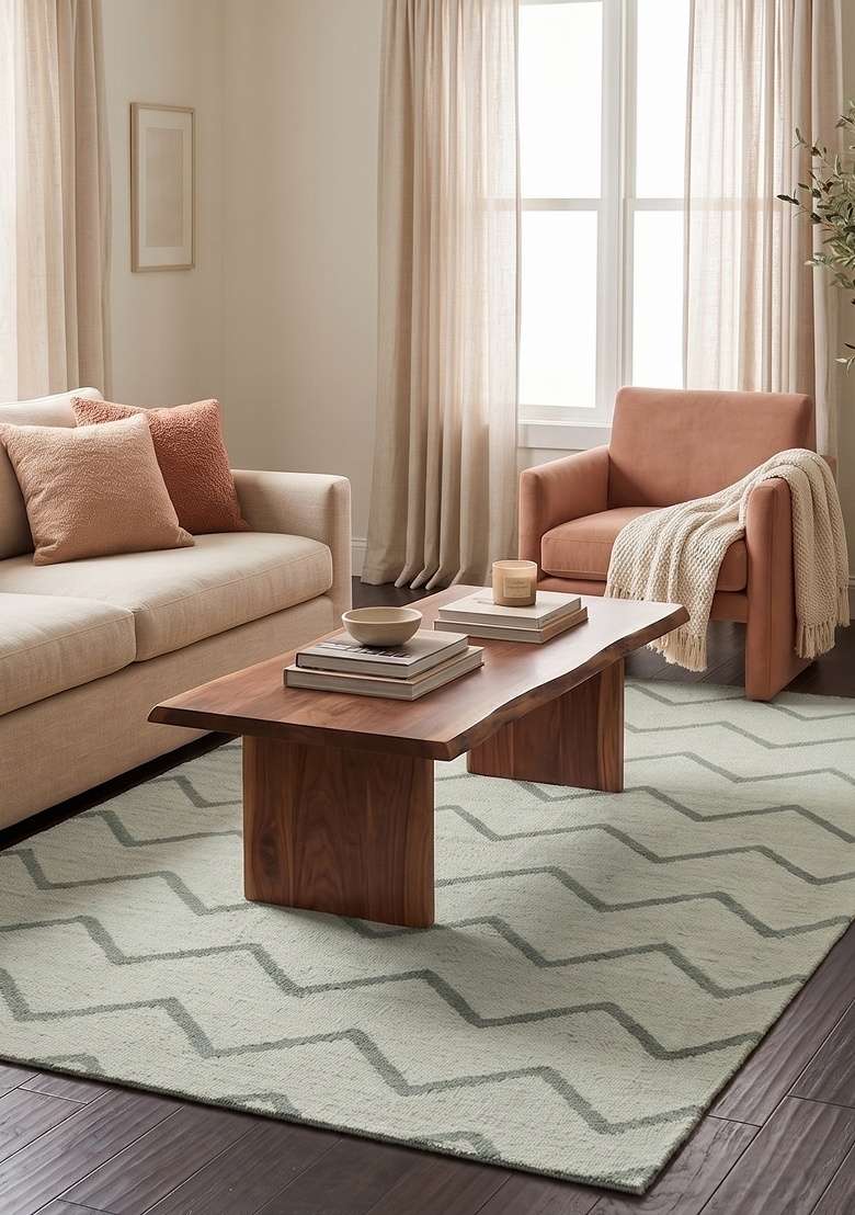 Saffron Rugs Handmade Wool Dhurrie Flat Weave Rectangular Rug – Sage Green Boho Chevron Kilim Style Carpet for Living Room - Indya