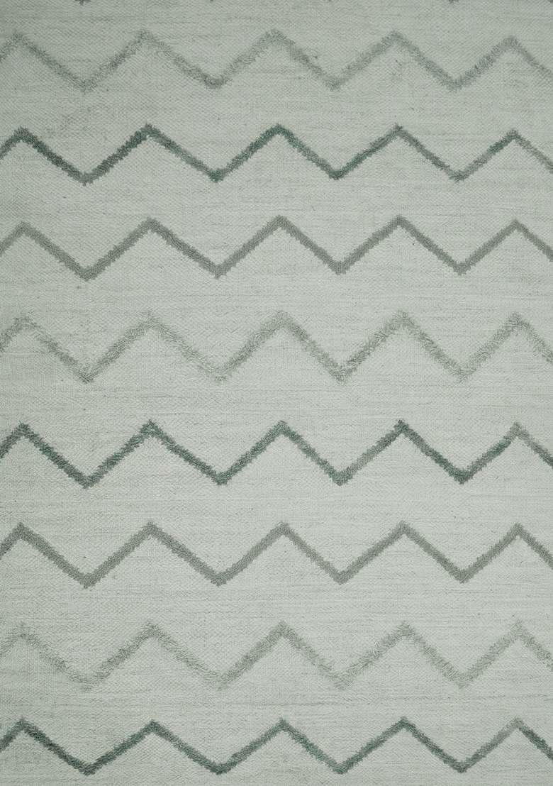Saffron Rugs Handmade Wool Dhurrie Flat Weave Rectangular Rug – Sage Green Boho Chevron Kilim Style Carpet for Living Room - Indya