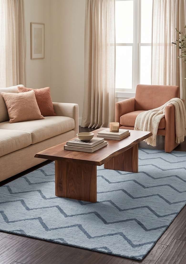 Saffron Rugs Handmade Wool Dhurrie Flat Weave Rectangular Rug – Light Blue Boho Chevron Kilim Style Carpet for Living Room - Indya