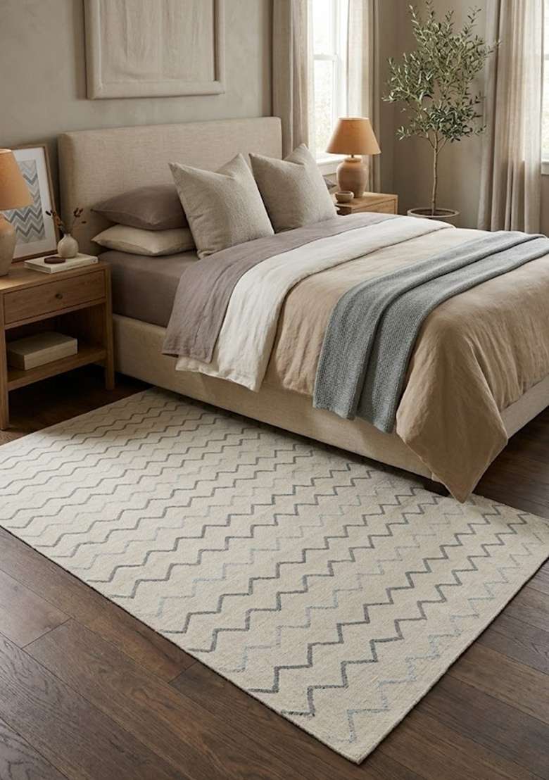 Saffron Rugs Handmade Wool Dhurrie Flat Weave Rectangular Rug – Ivory Cream Contemporary Chevron Kilim Style Carpet for Bedroom - Indya