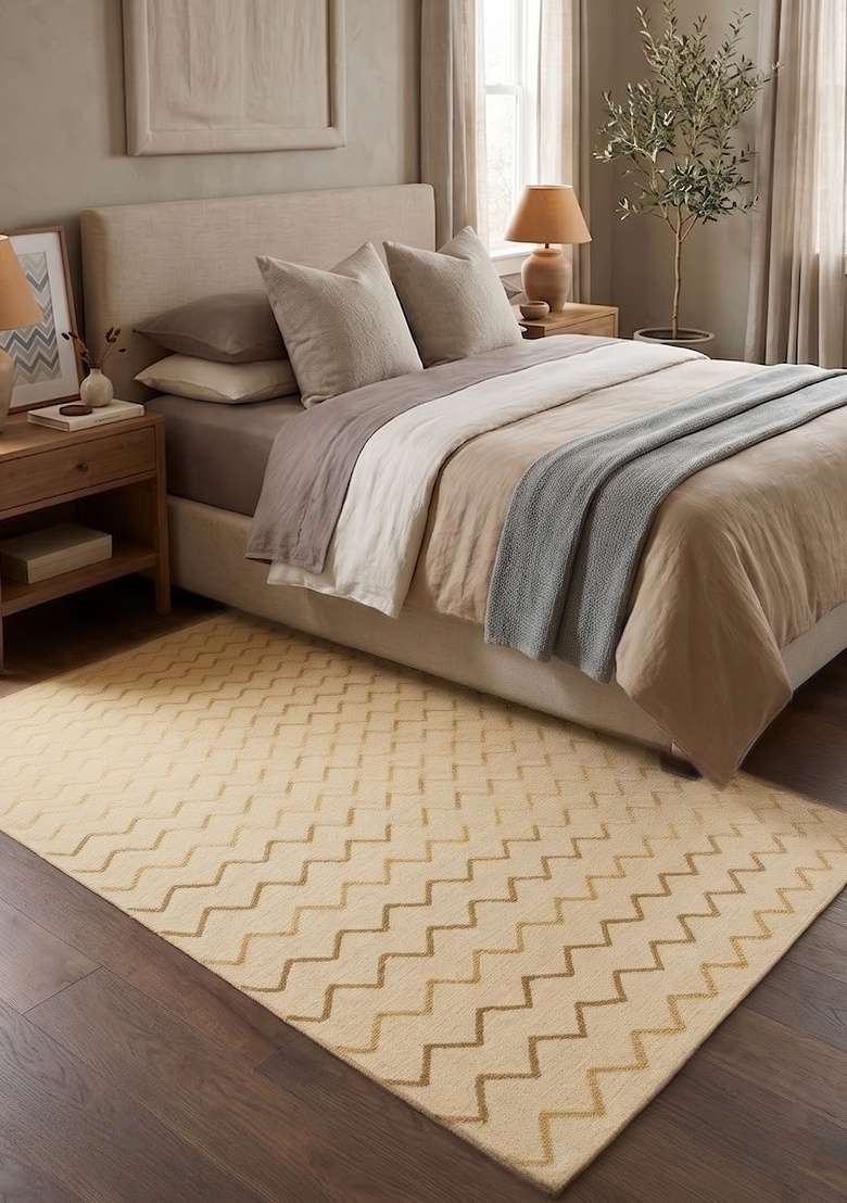 Saffron Rugs Handmade Wool Dhurrie Flat Weave Rectangular Rug – Golden Beige Contemporary Chevron Kilim Style Carpet for Bedroom - Indya